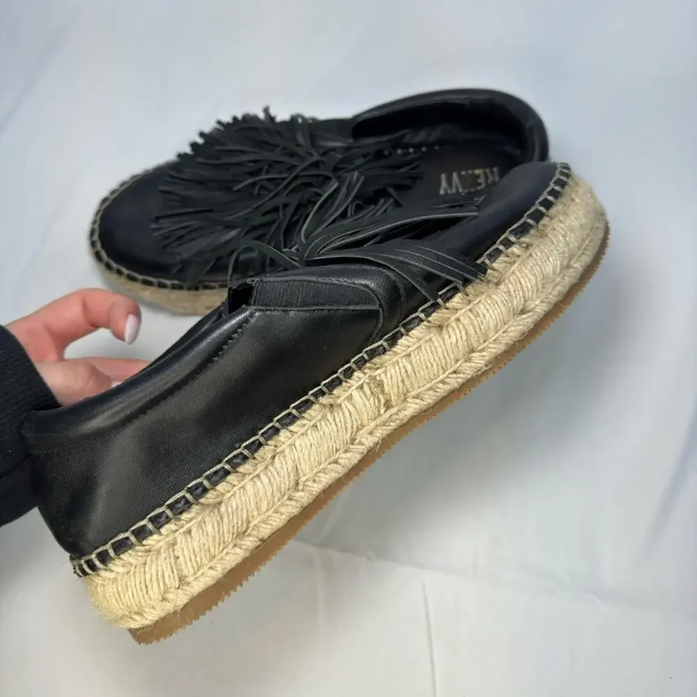 Renvy Espadrille Womens Shoes Size 8 Black Leather Fringe Espadrille Slip On